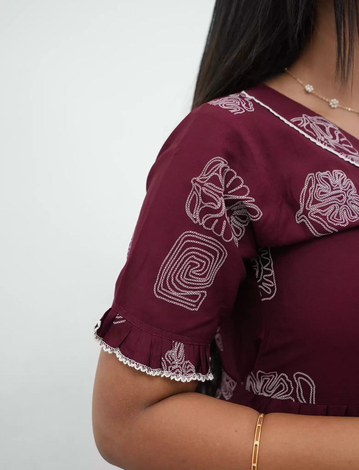 Maroon Rayon Layered Long Frock with Frilled Sleeves - Mangai Nighties 