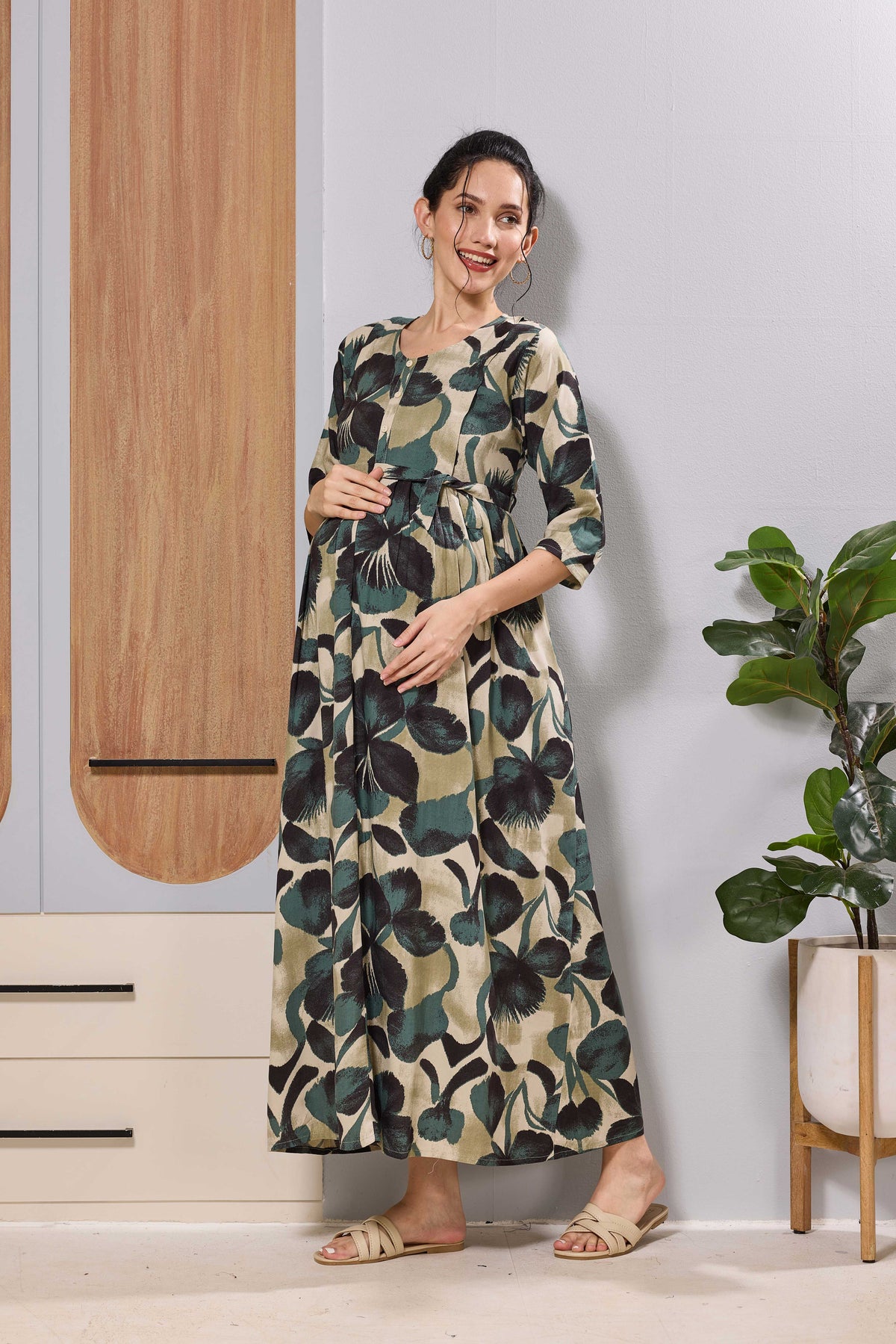 Teal Blue Rayon Long Maternity Frock have Side pocket - Mangai Nighties 
