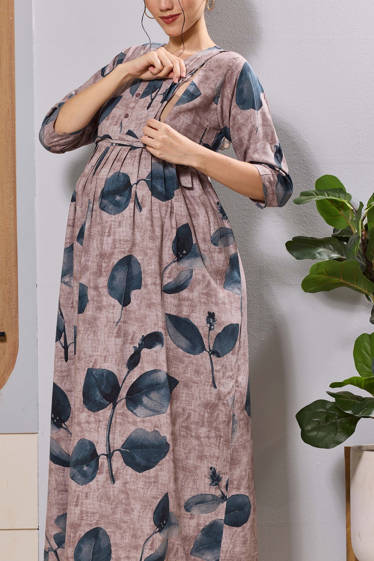 Nursing-Friendly Maternity Long Dress with Invisible Feeding Zippers - Mangai Nighties 
