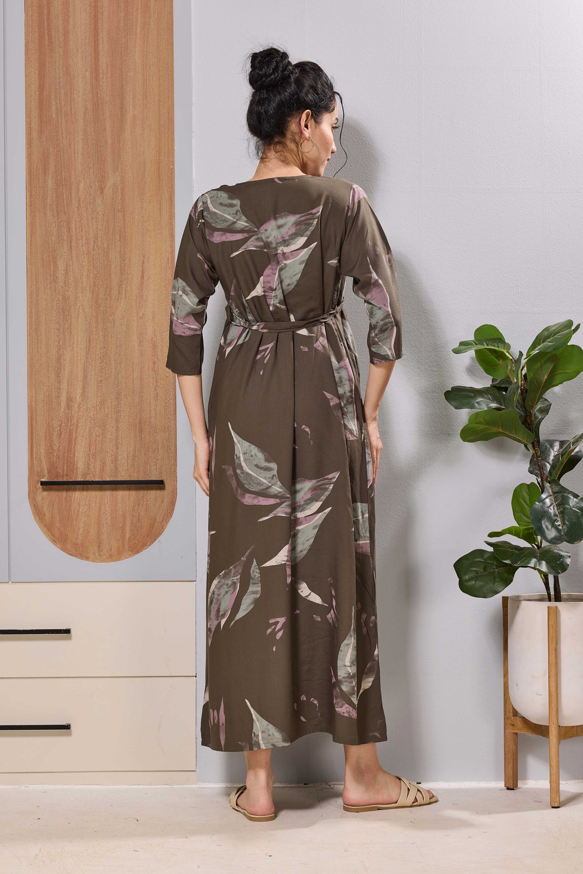 Olive pregnancy and feeding frock featuring adjustable waist tie - Mangai Nighties 
