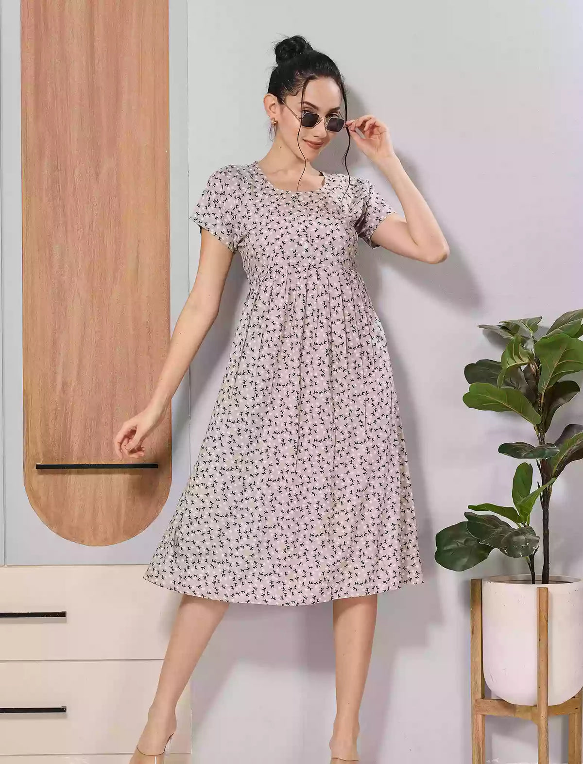 Lavender Tiny Floral Print Soft Rayon Casual Front Button Maxi Dress - Mangai Nighties