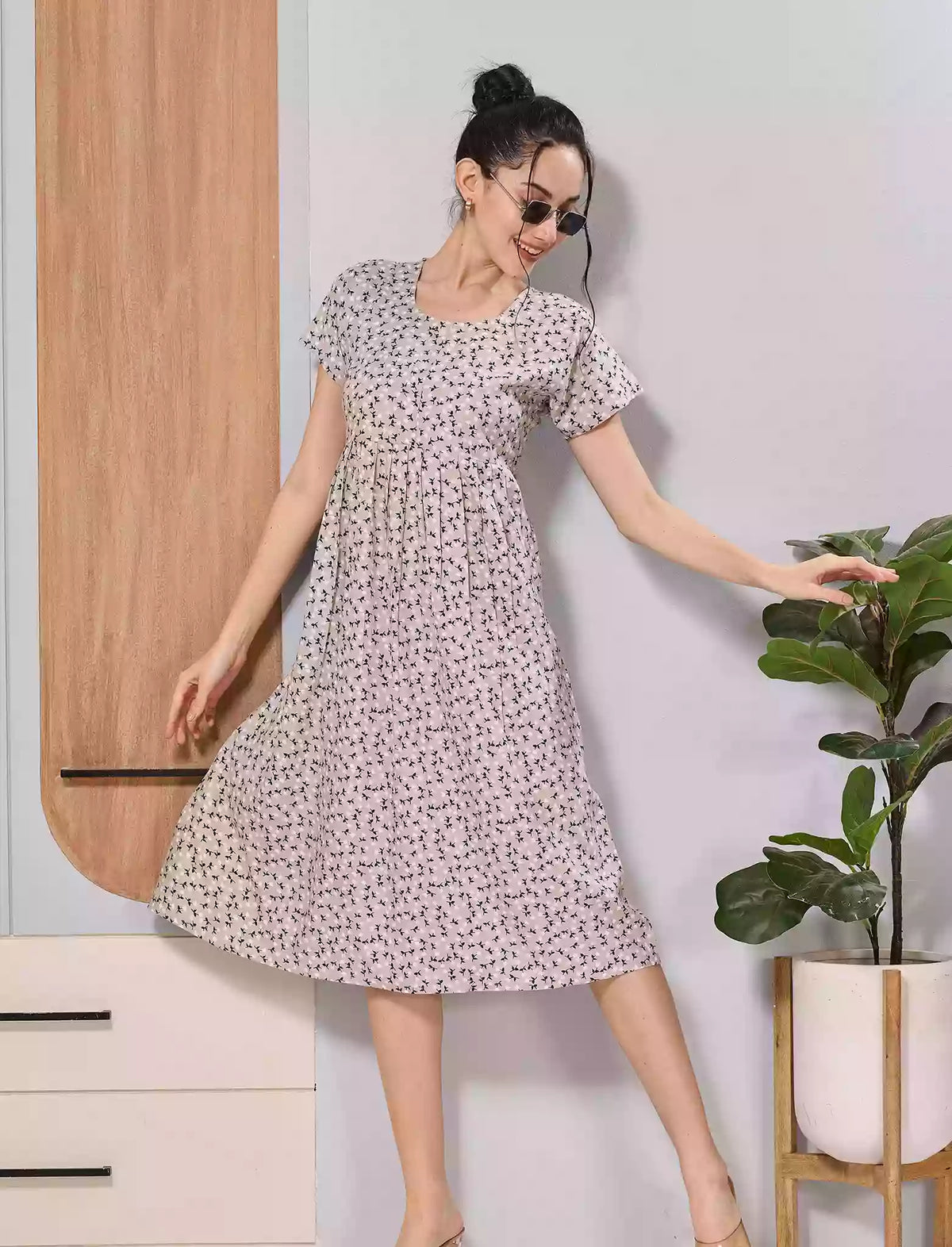 Lavender Tiny Floral Print Soft Rayon Casual Front Button Maxi Dress - Mangai Nighties