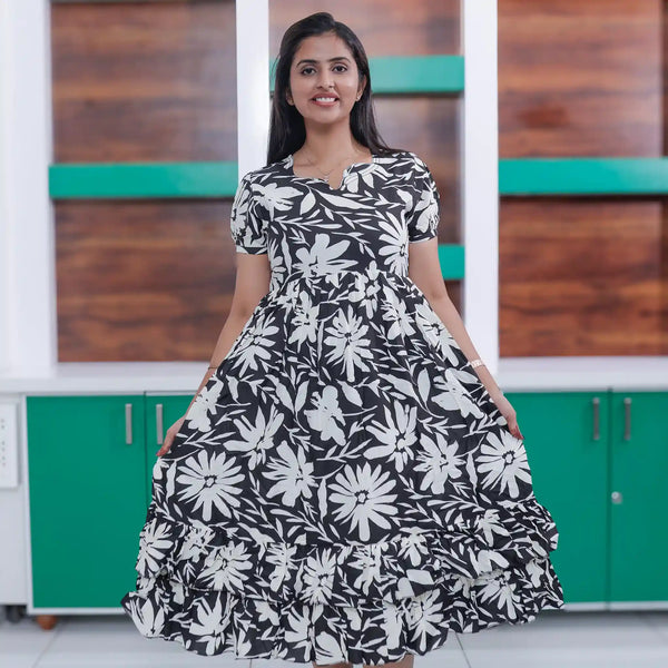 Black Maxi Layer Flared Frock for Women - Mangai Nighties 