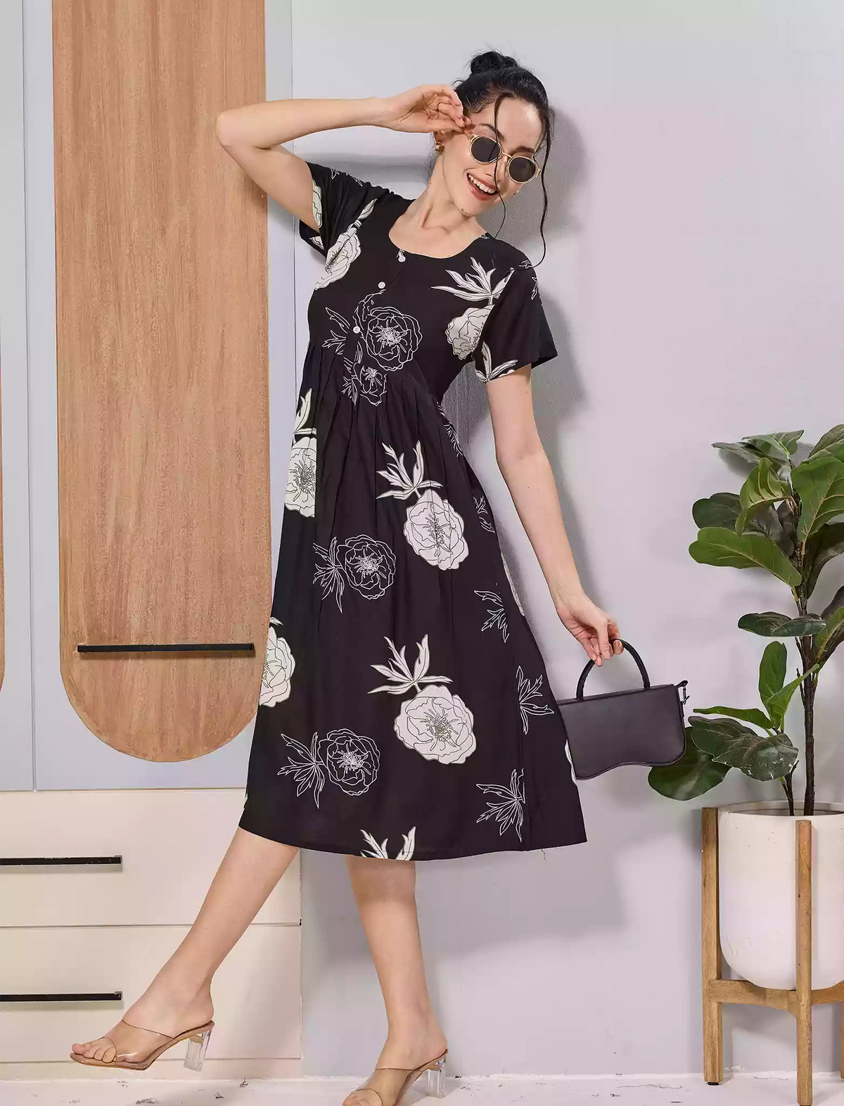 Navy Floral Print Zipless Soft Rayon Maxi Frock with Side Pocket - Mangai Nighties