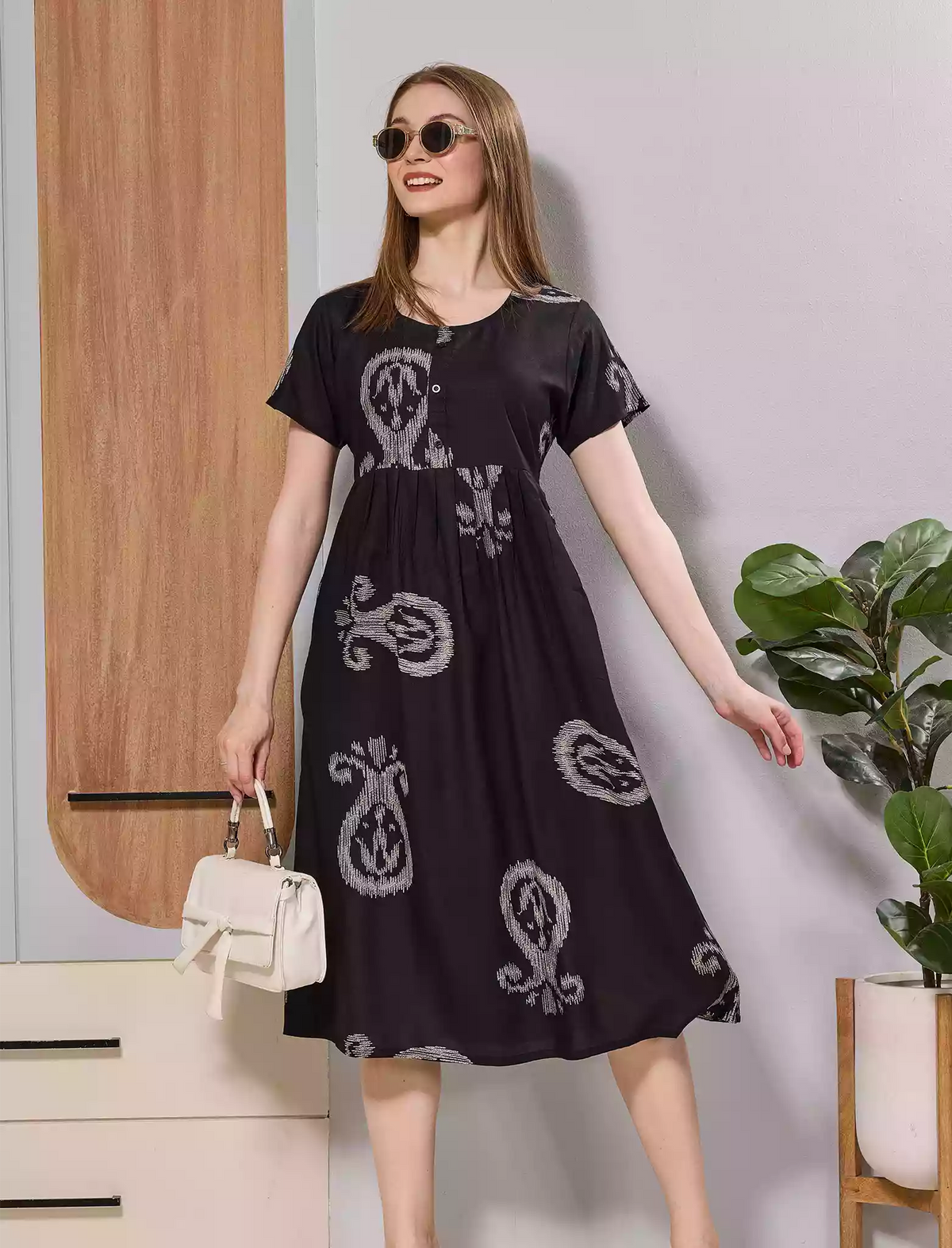 Black Paisley Print Rayon Maxi Frock with Front Button & Side Pocket - Mangai Nighties