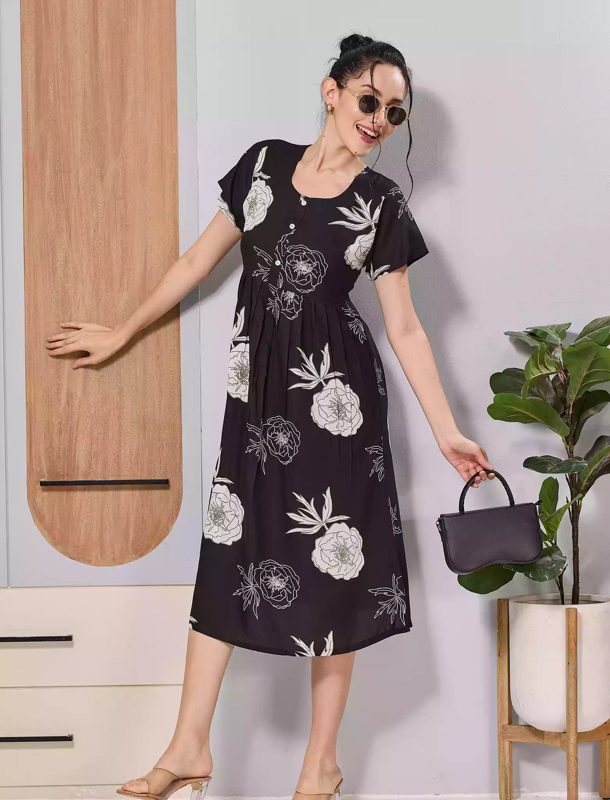 Navy Floral Print Zipless Soft Rayon Maxi Frock with Side Pocket - Mangai Nighties