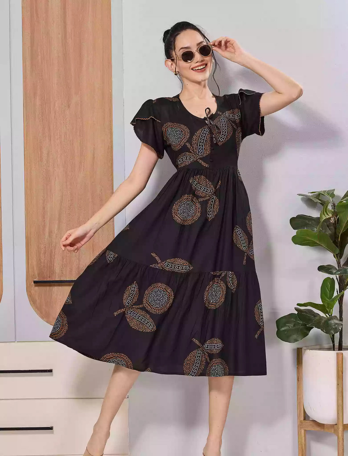 Black Abstract Print Rayon Long Maxi with Neck Bow