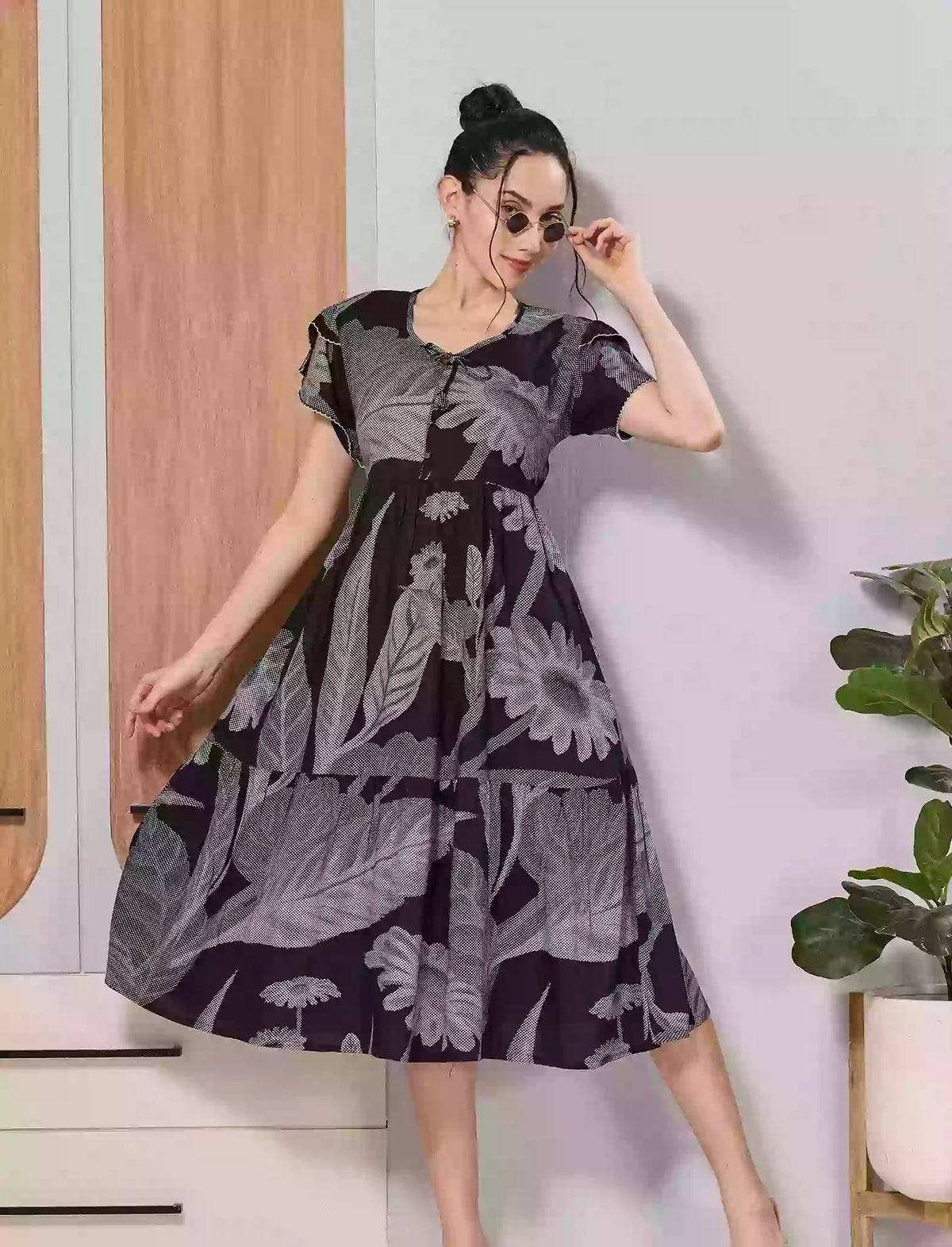 Black Floral Print Rayon Flared Zipless Maxi with Back Tie Bow - Mangai Nighties 
