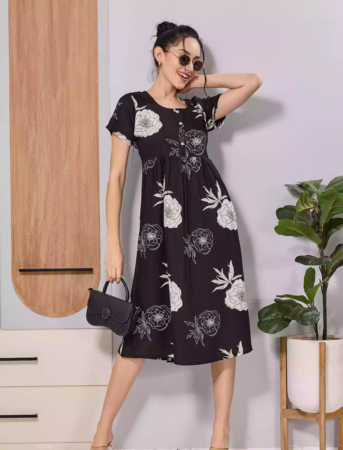 Navy Floral Print Zipless Soft Rayon Maxi Frock with Side Pocket - Mangai Nighties