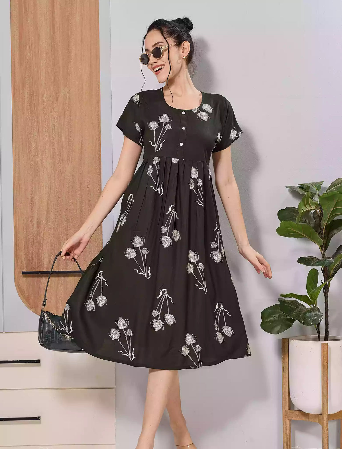 Brown Floral Print Soft Rayon Casual Maxi Frock with Side Pocket - Mangai Nighties