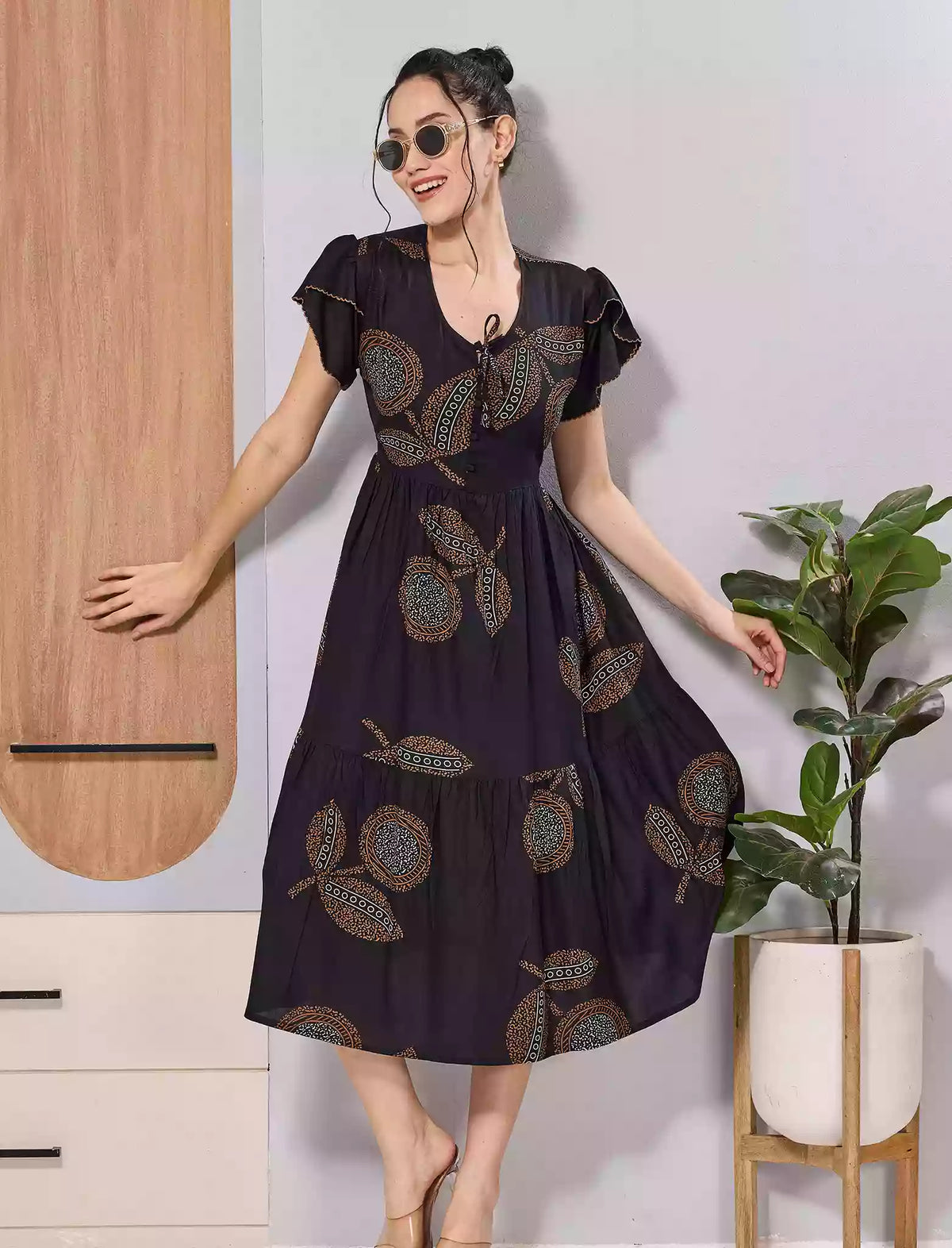 Black Abstract Petal Sleeve Comfortable Rayon Maxi Dress