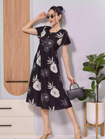 Navy Floral Print Zipless Soft Rayon Maxi Frock with Side Pocket - Mangai Nighties
