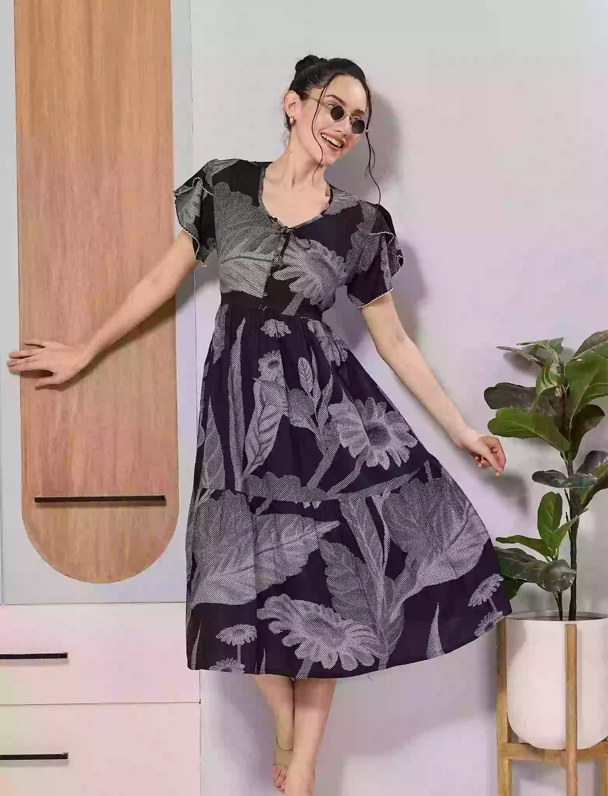 Floral Print Rayon Long Maxi with Neck Bow and Pocket - Mangai Nighties 