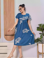 Olive Green Abstract Print Rayon Maxi Frock | Zipless Maxi & Side Pocket - Mangai Nighties