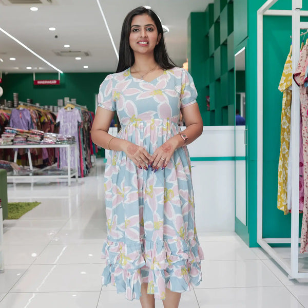 Pastel blue Maxi Casual Frock Flared frilled Maxi - Mangai Nighties 