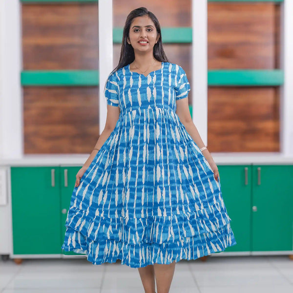 Blue Rayon Maxi Casual Frock Flared Frill Bottom - Mangai Nighties 