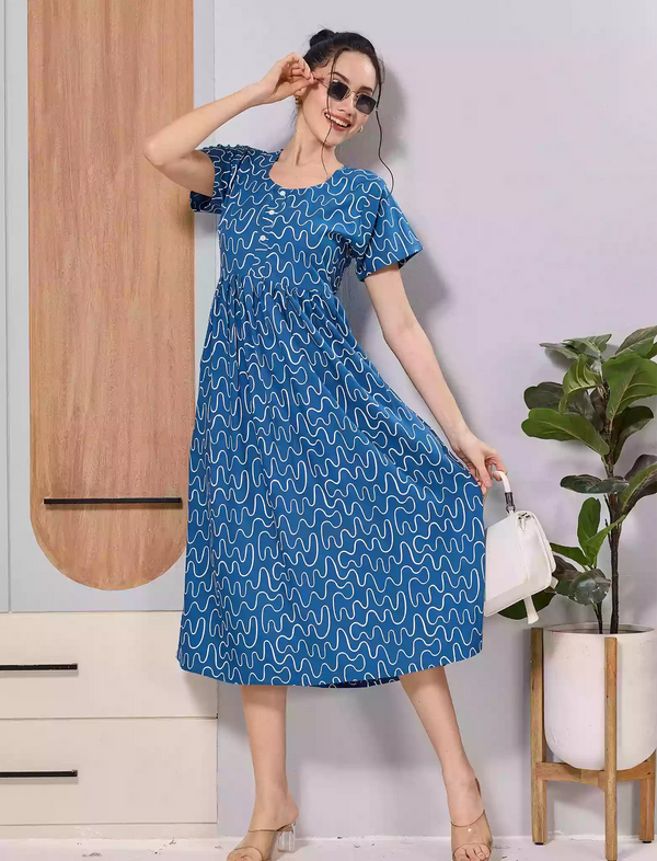 Soft Rayon Royal Blue Abstract Print Front Button Maxi Frock