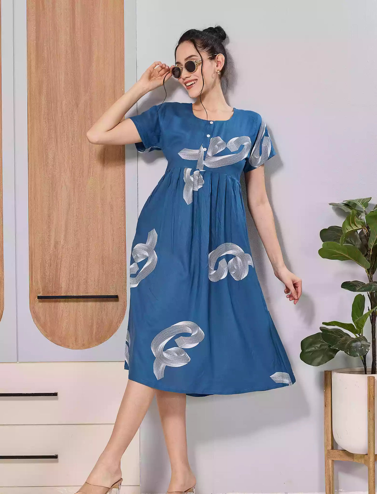Olive Green Abstract Print Rayon Maxi Frock | Zipless Maxi & Side Pocket - Mangai Nighties