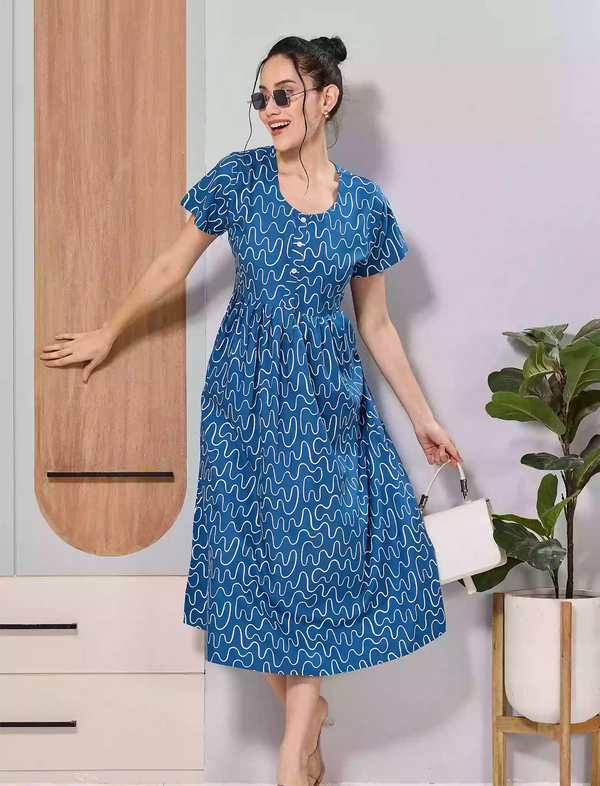 Royal Blue Abstract Rayon Maxi Frock Half Sleeve Side Pocket