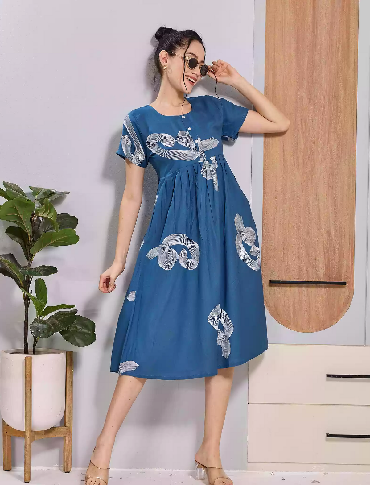 Olive Green Abstract Print Rayon Maxi Frock | Zipless Maxi & Side Pocket - Mangai Nighties
