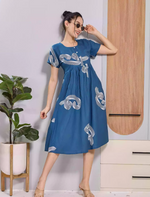 Olive Green Abstract Print Rayon Maxi Frock | Zipless Maxi & Side Pocket - Mangai Nighties