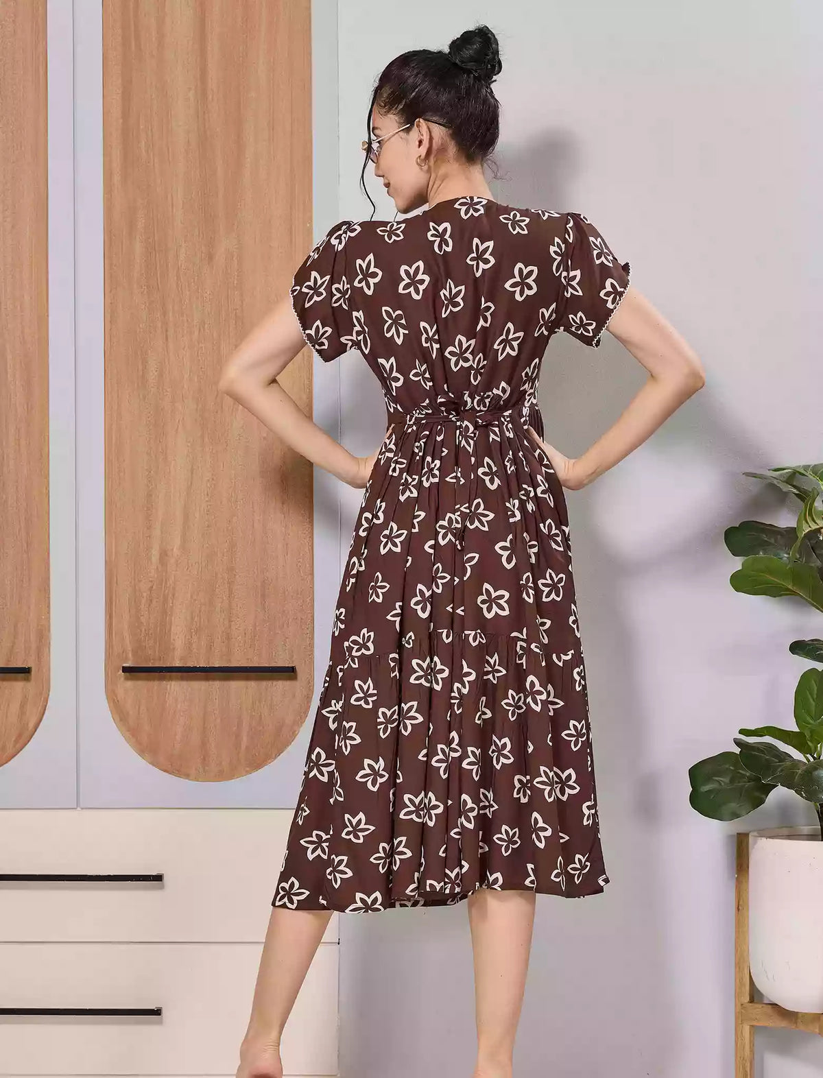 Brown Floral Print Rayon Long Maxi with Adjustable Tie Rope - Mangai Nighties 