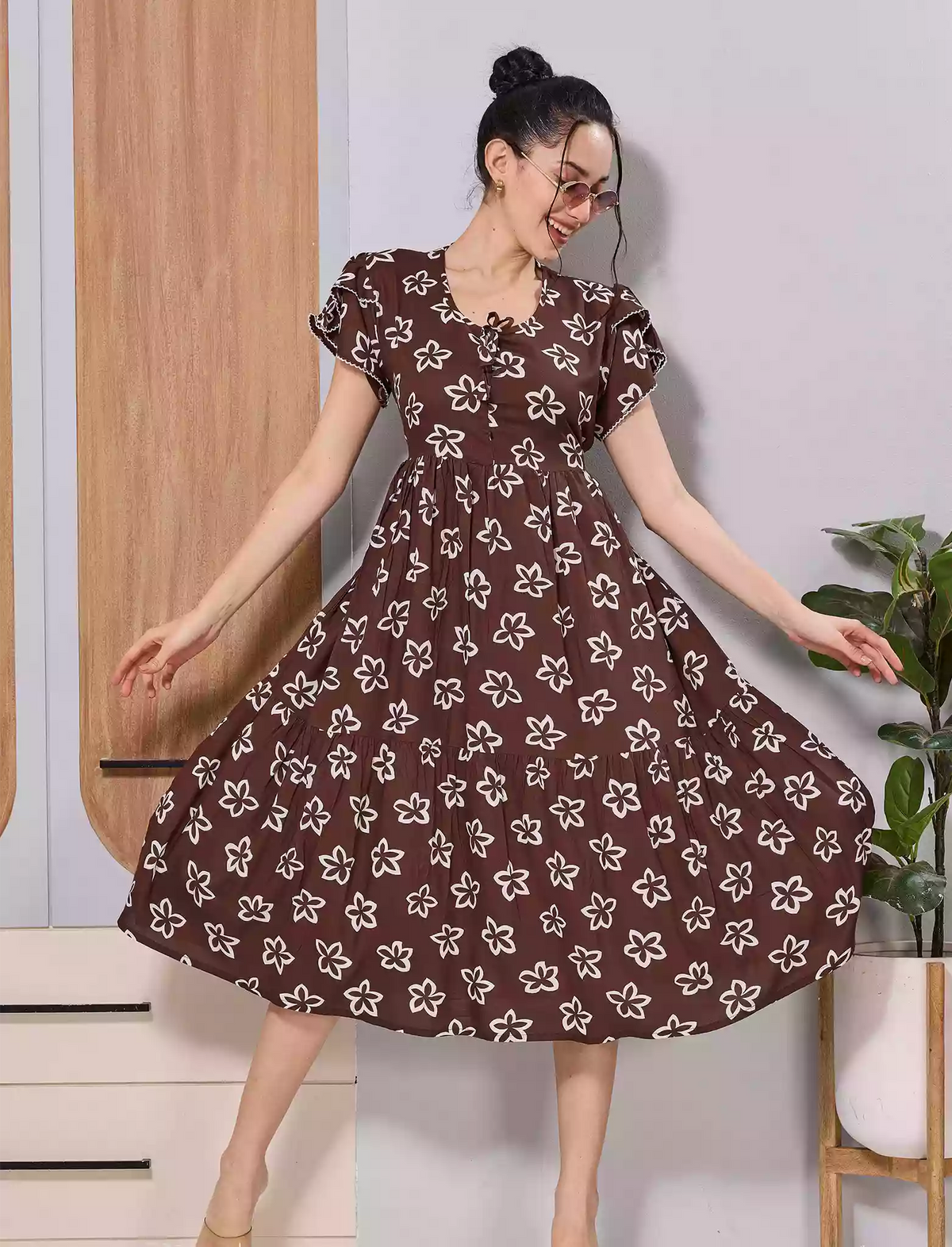 Brown Floral Print Petal Sleeve Rayon Maxi Frock for Women - Mangai Nighties 