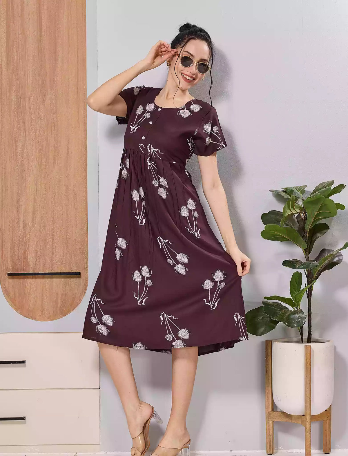 Brown Floral Print Soft Rayon Casual Maxi Frock with Side Pocket - Mangai Nighties