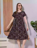 Brown Floral Print Rayon Maxi Frock | Front Button Side Pocket - Mangai Nighties