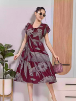 Brown Floral Print Rayon Flared Zipless Maxi with Back Tie Bow