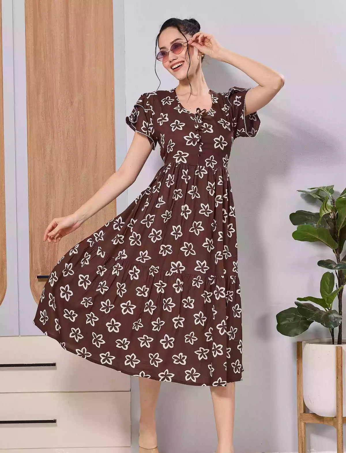 Brown Floral Rayon Maxi with Adjustable Back Tie and Neck Bow
