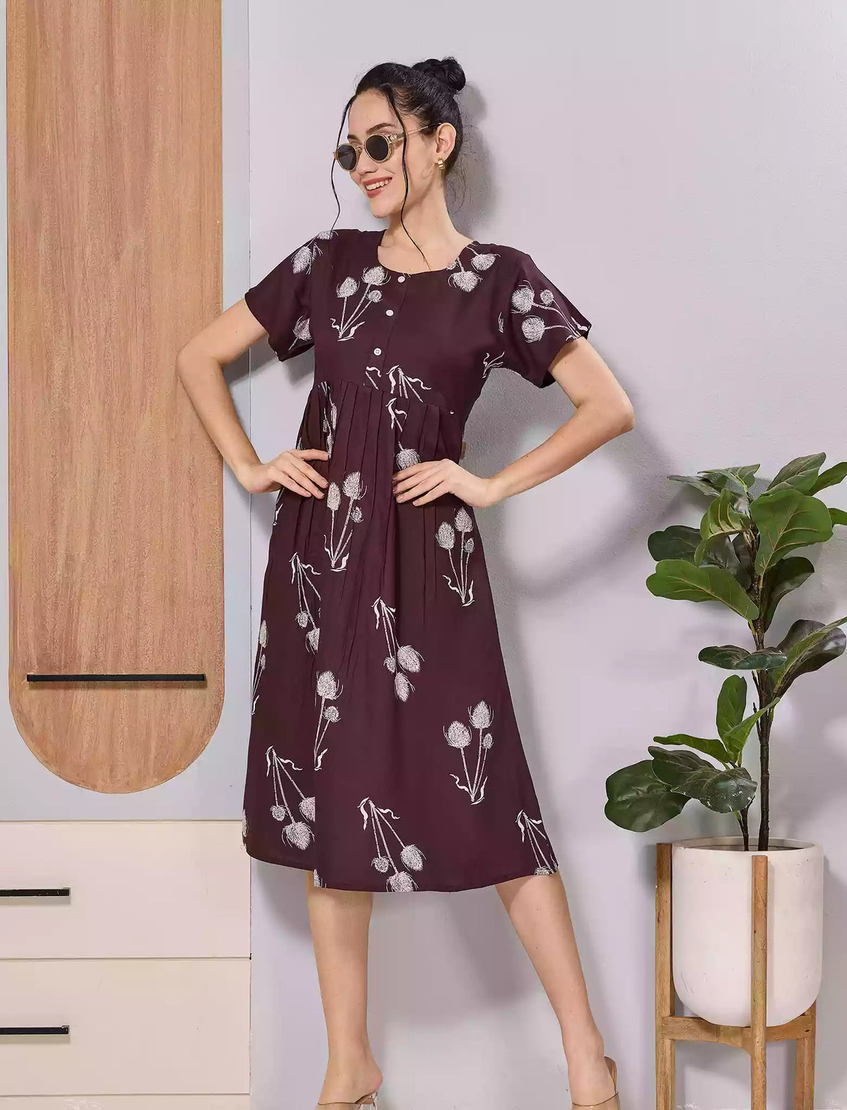 Brown Floral Print Soft Rayon Casual Maxi Frock with Side Pocket - Mangai Nighties