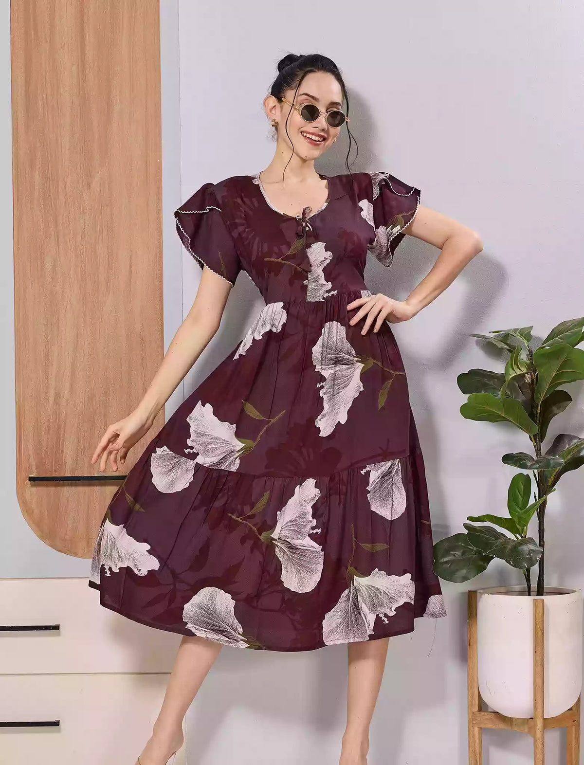 Brown Leaf Print Petal Sleeve Rayon Maxi Frock for Women - Mangai Nighties 