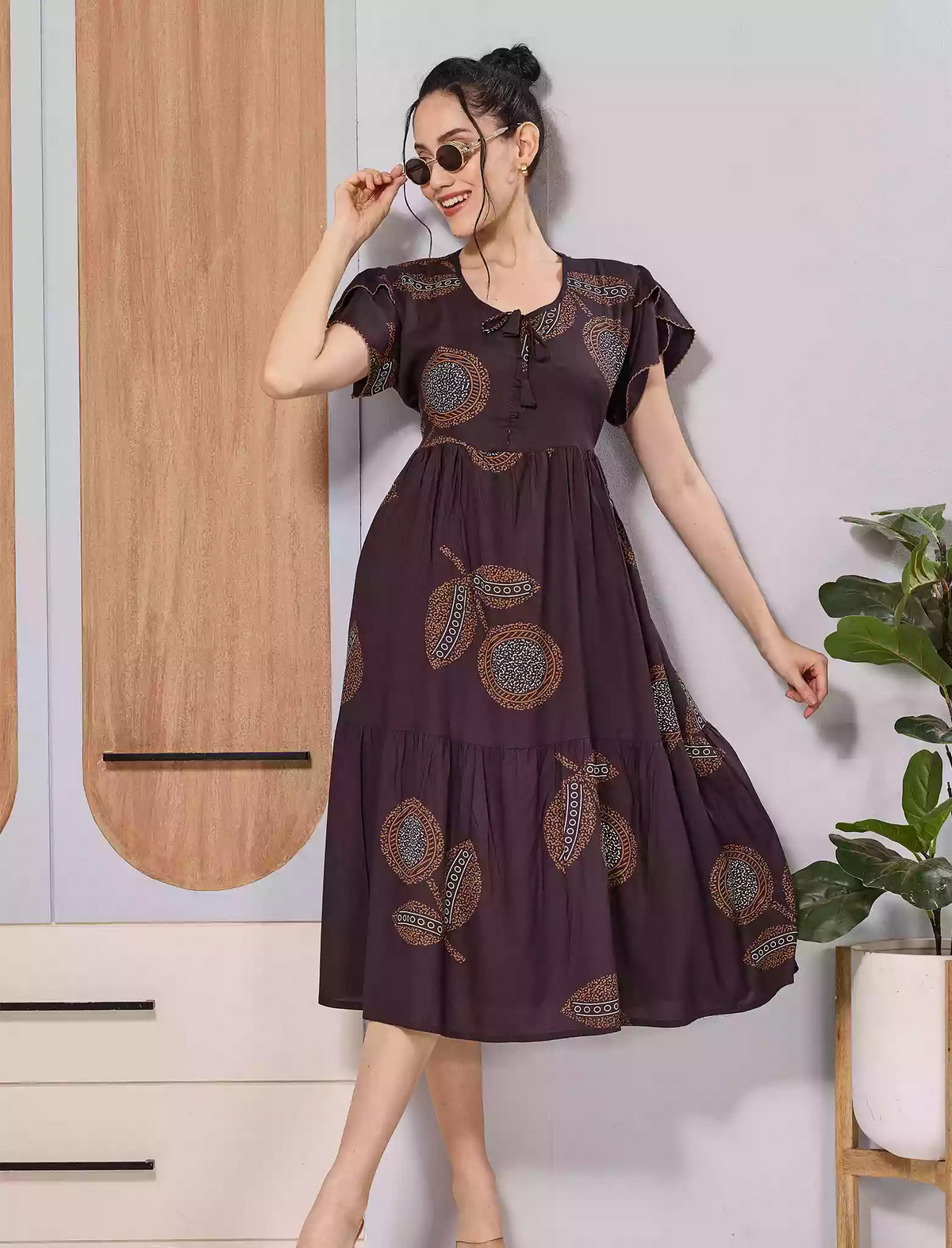 Brown Abstract Print Rayon Long Maxi with Neck Bow - Mangai Nighties 