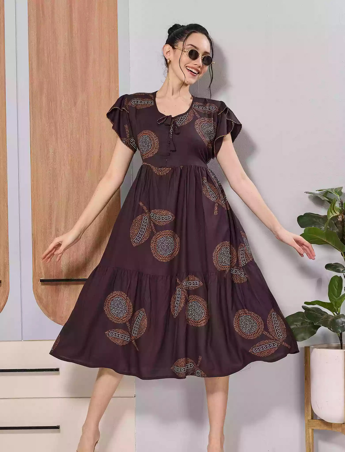 Brown Abstract Petal Sleeve Comfortable Rayon Maxi Dress