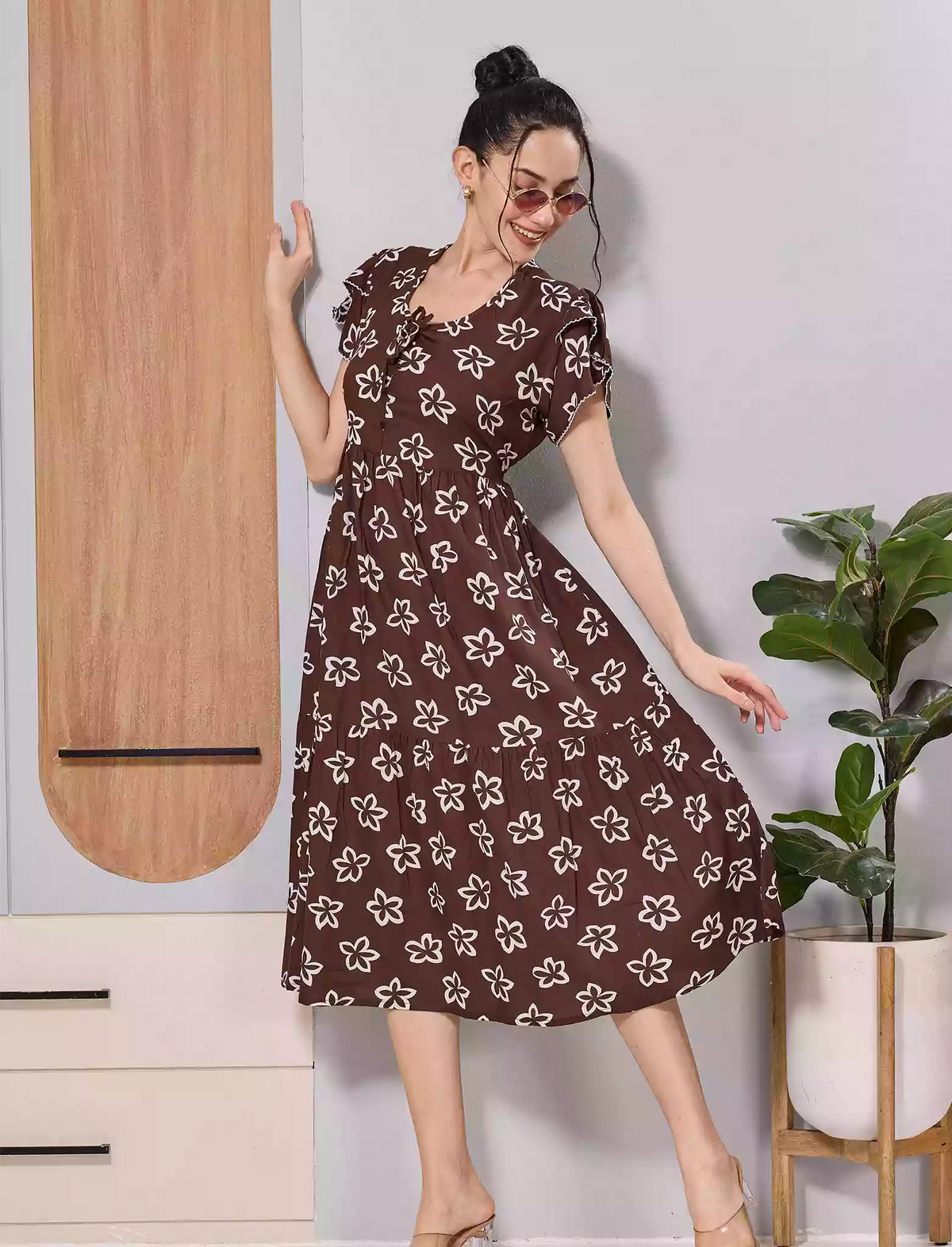 Brown Floral Print Flared Rayon Maxi for Casual Daily Wear - Mangai Nighties 