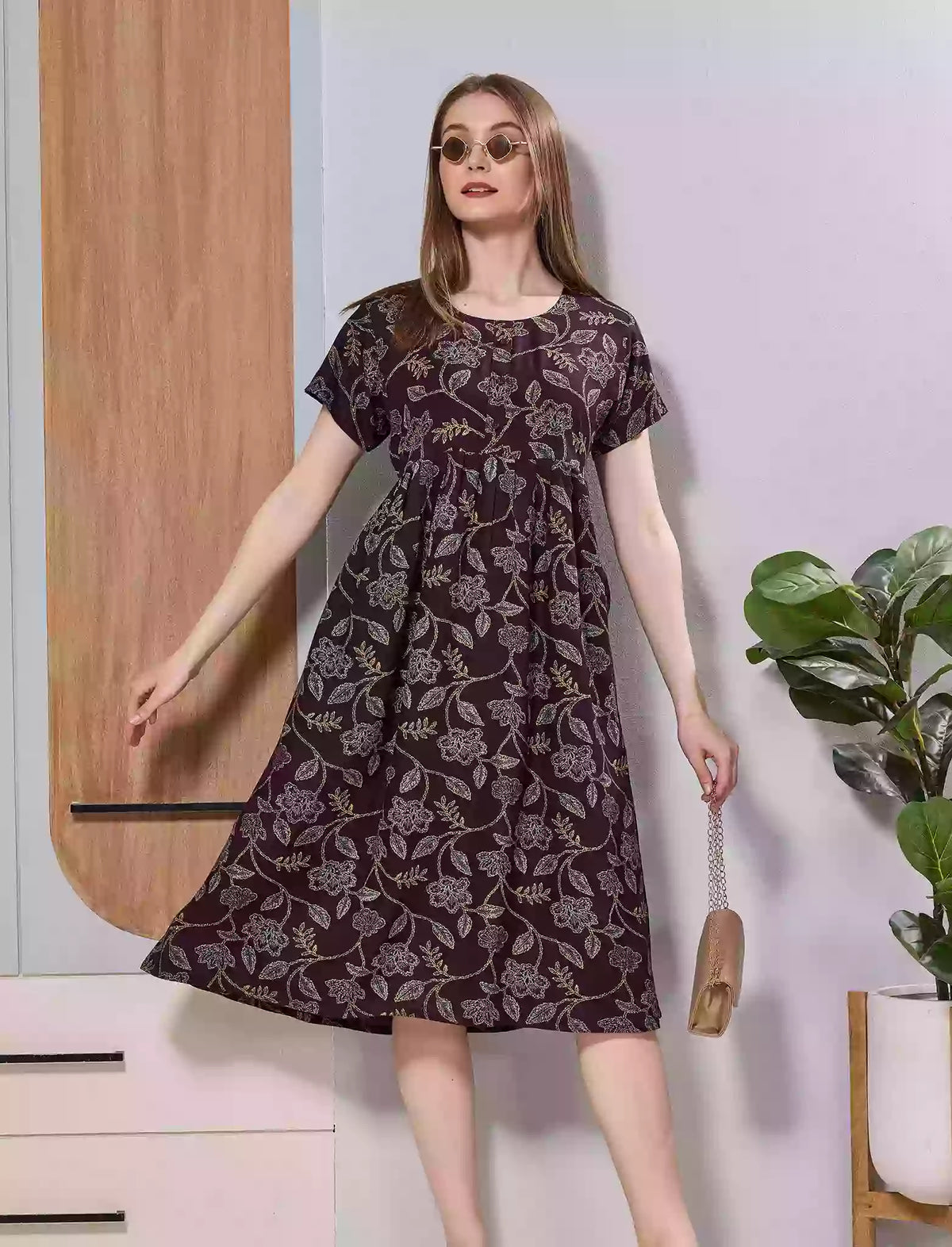 Brown Floral Print Rayon Maxi Frock | Front Button Side Pocket - Mangai Nighties