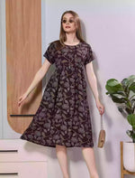 Brown Floral Print Rayon Maxi Frock | Front Button Side Pocket - Mangai Nighties