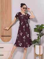 Brown Floral Print Soft Rayon Casual Maxi Frock with Side Pocket - Mangai Nighties
