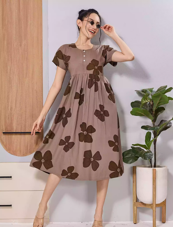 Coffee Brown Floral Rayon Maxi Frock Half Sleeve Side Pocket
