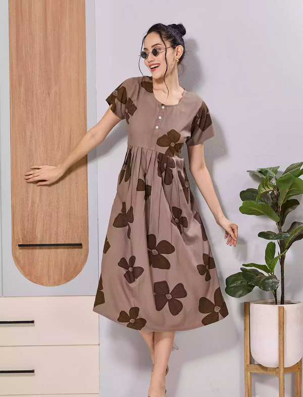 Soft Rayon Coffee Brown Floral Print Front Button Maxi Frock