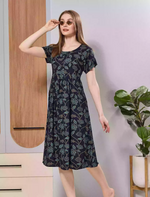 Brown Floral Print Rayon Maxi Frock | Front Button Side Pocket - Mangai Nighties
