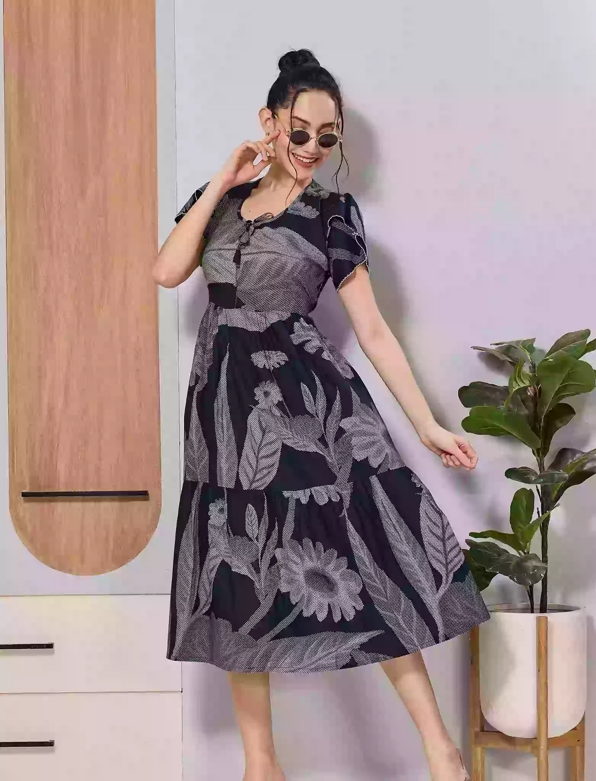 Dark Blue Floral Print Petal Sleeve Comfortable Rayon Maxi Dress