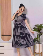 Dark Blue Floral Print Petal Sleeve Comfortable Rayon Maxi Dress