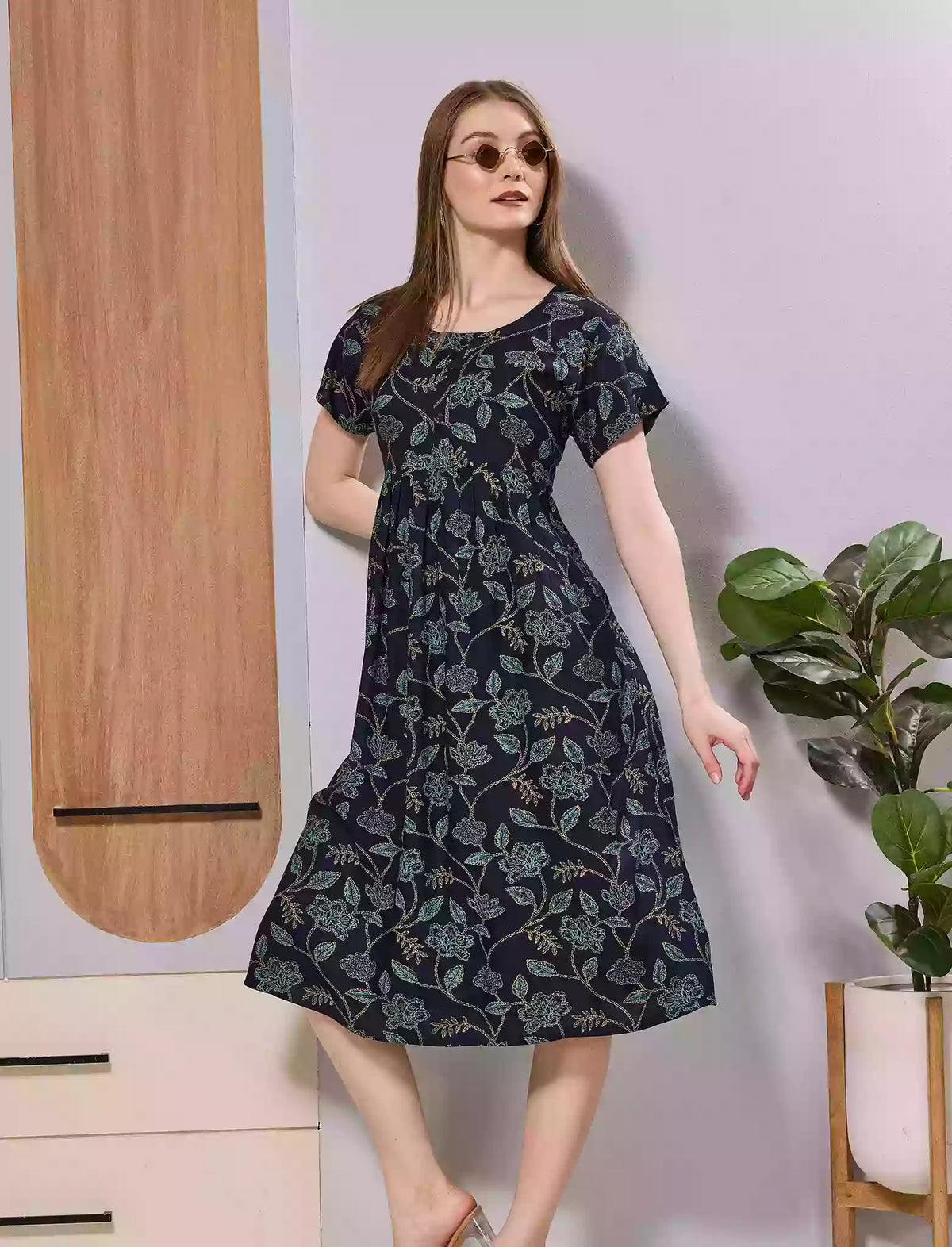 Brown Floral Print Rayon Maxi Frock | Front Button Side Pocket - Mangai Nighties
