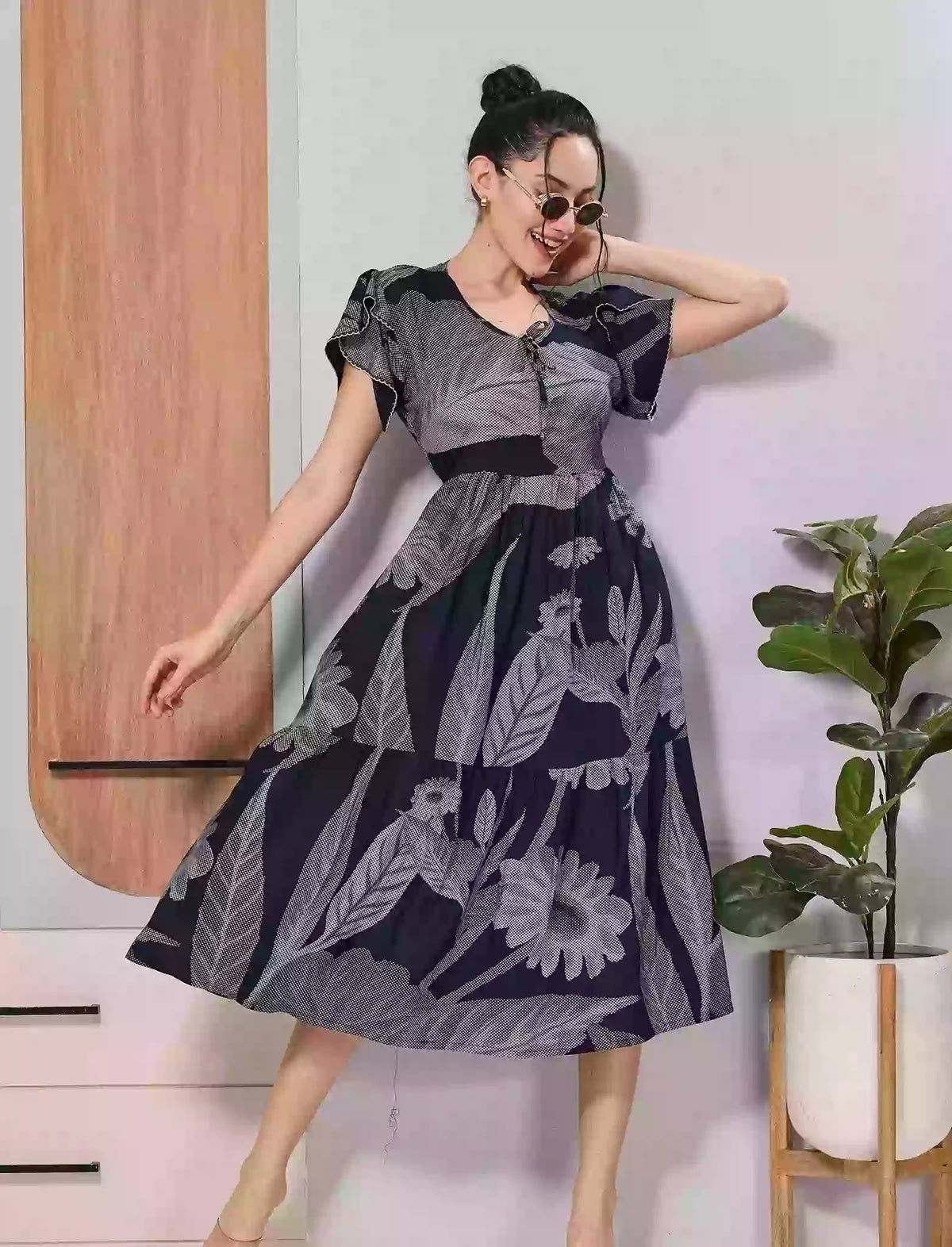 Dark Blue Floral Rayon Zipless Maxi with Fancy Neck Bow Design