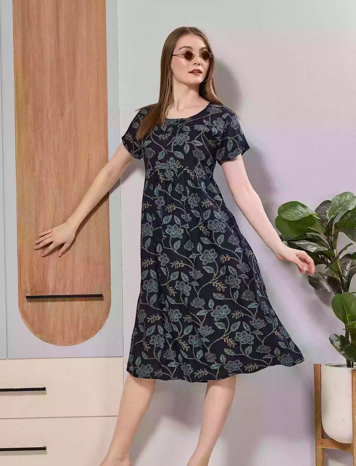 Brown Floral Print Rayon Maxi Frock | Front Button Side Pocket - Mangai Nighties