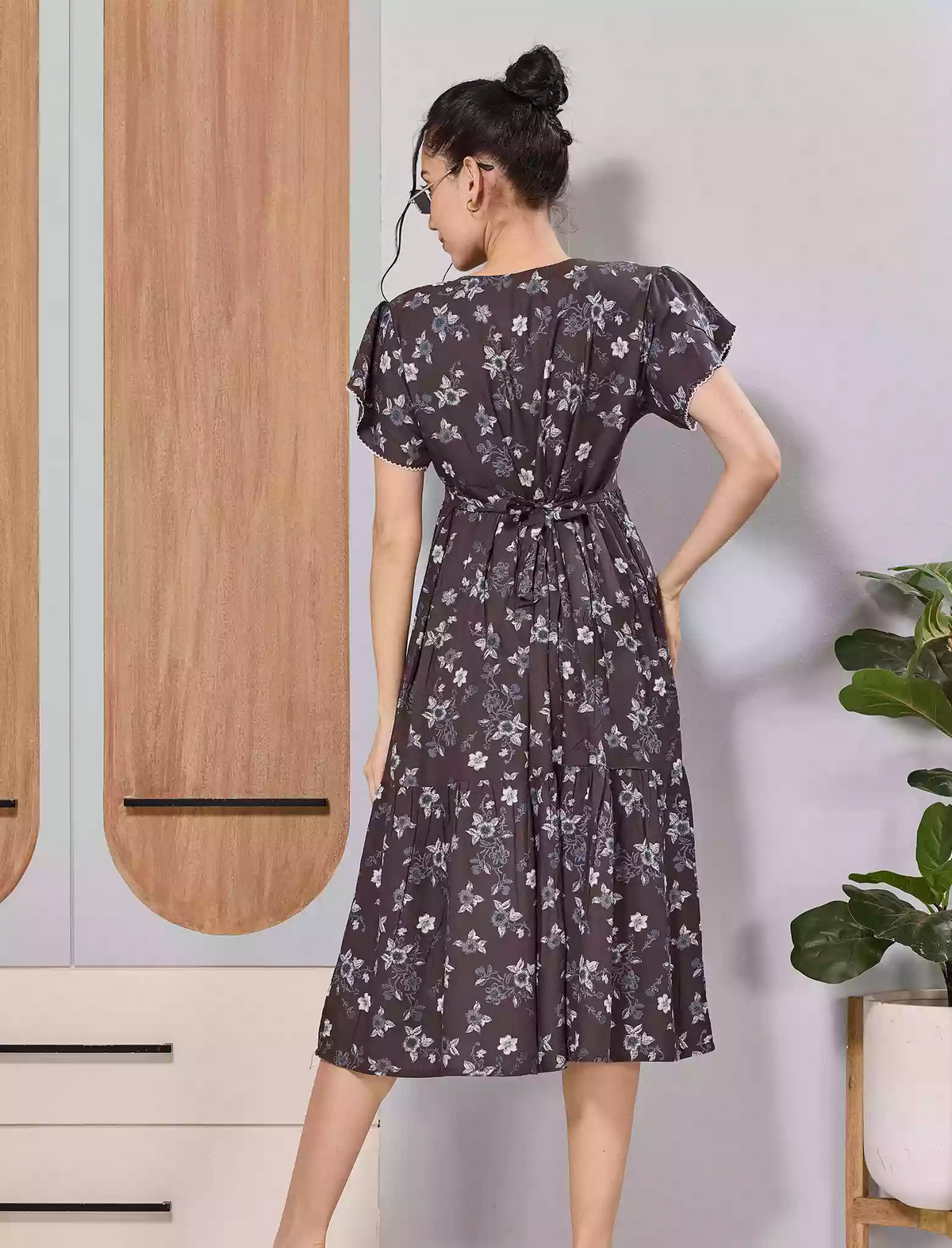 Navy Blue Floral Rayon Maxi Frock Nighty with Pocket - Mangai Nighties