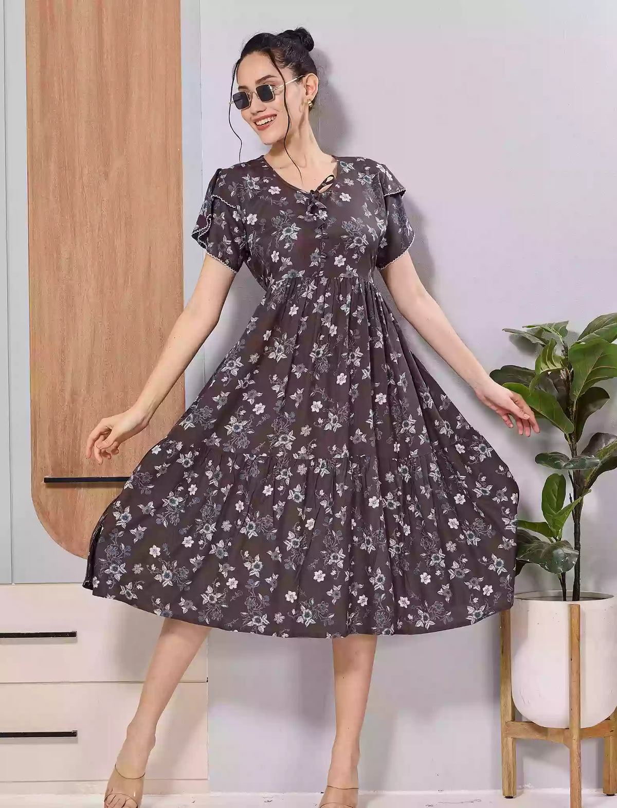 Navy Blue Floral Rayon Maxi Frock Nighty with Pocket - Mangai Nighties