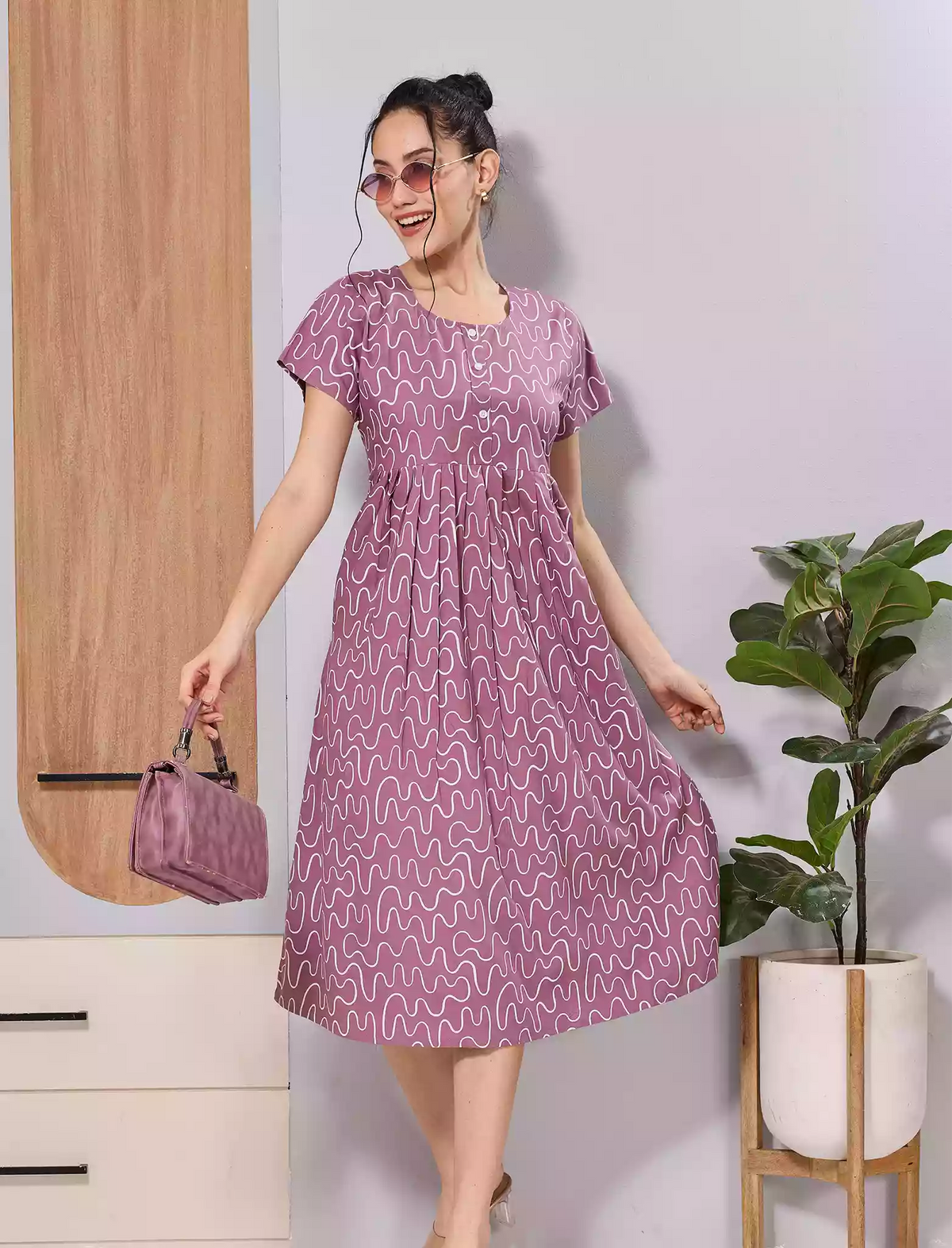 Royal Blue Soft Rayon Abstract Print Zipless Maxi Frock with Side Pocket - Mangai Nighties